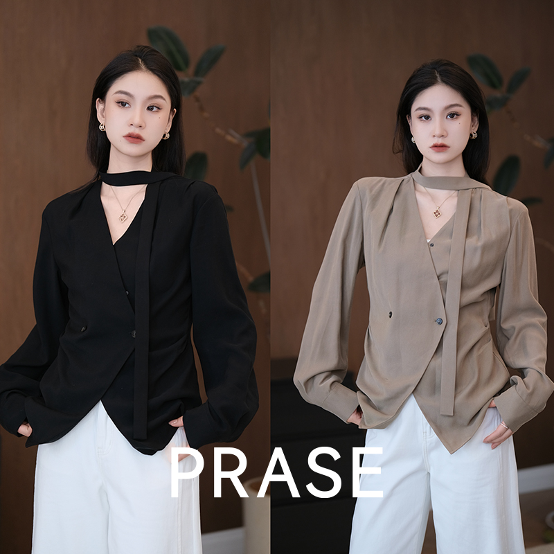 PRASE·噜【丽芙衬衫】微胖轻奢设计款秋女气质V领飘带衬衫PR507B100