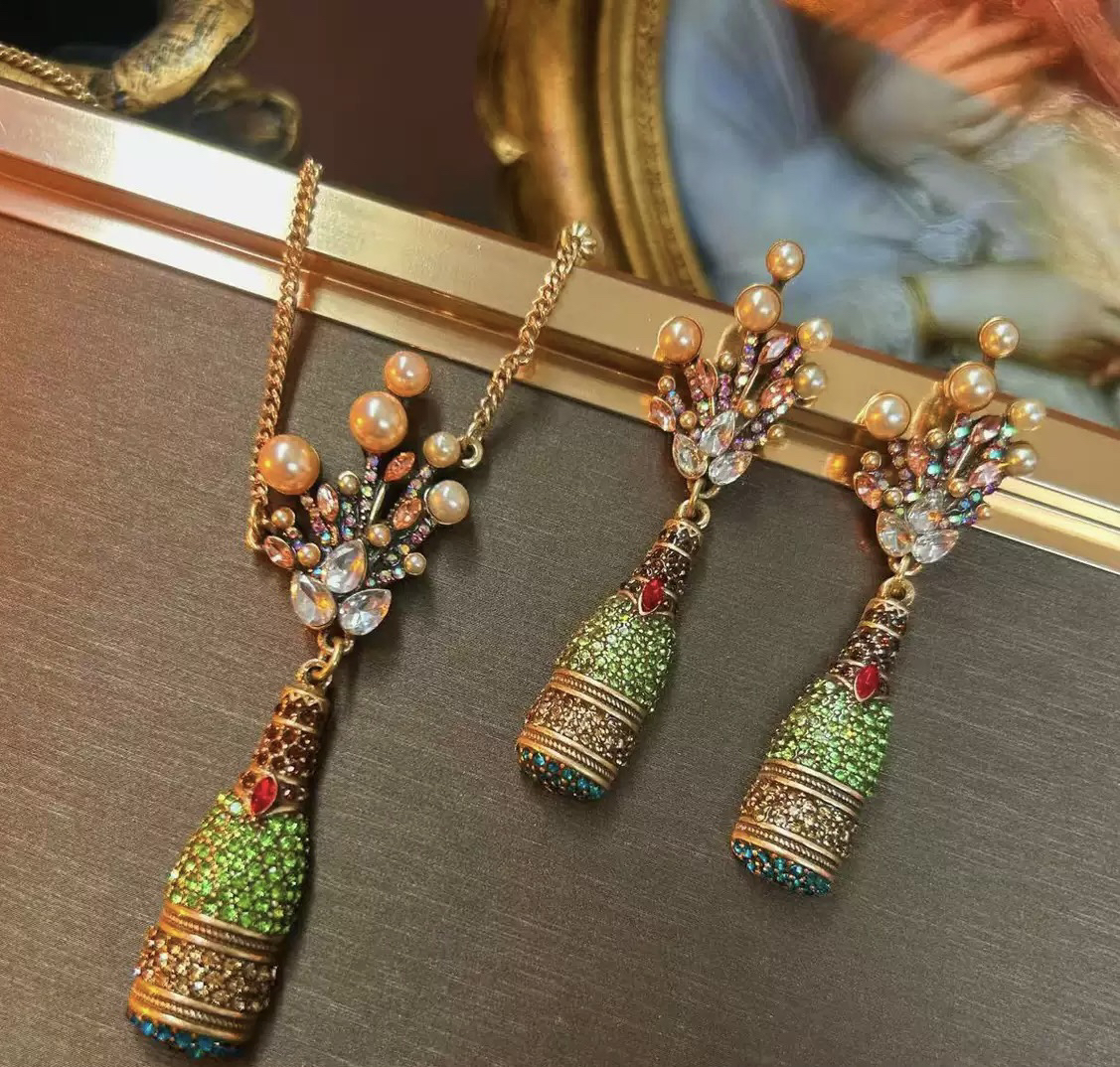 铜合金项链 项链耳饰套装复古珍珠香槟酒瓶吊坠中古镶钻华丽优雅