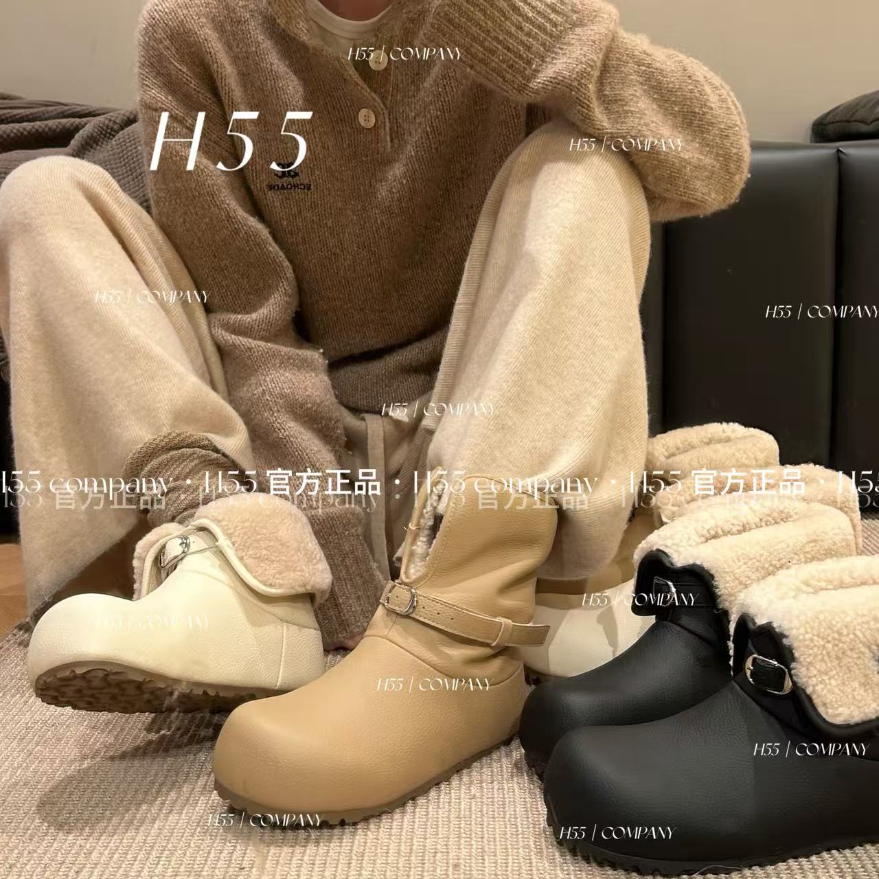 【雪糕专属】H55女鞋小熊加绒防滑保暖皮面雪地靴3cm56-2968