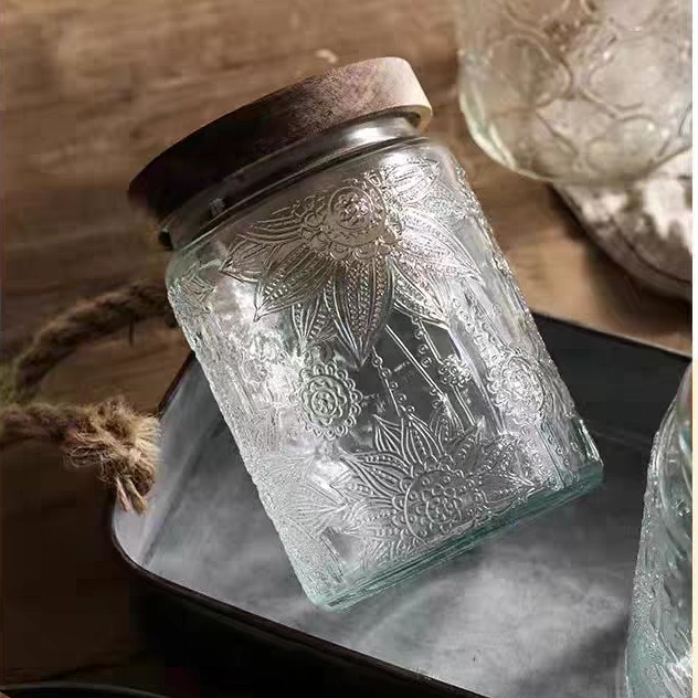 ins风格日式复古刻花玻璃家用相思木盖储物罐密封罐茶叶罐干货罐