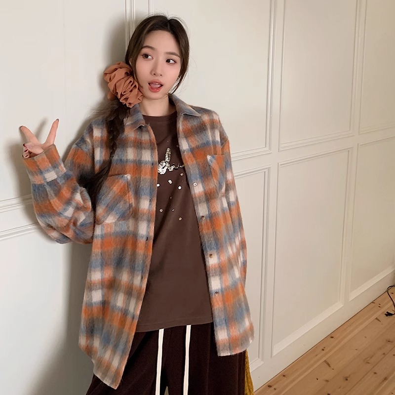 REREK设计师品牌2025春季新款廓形格纹呢翻领长袖外套