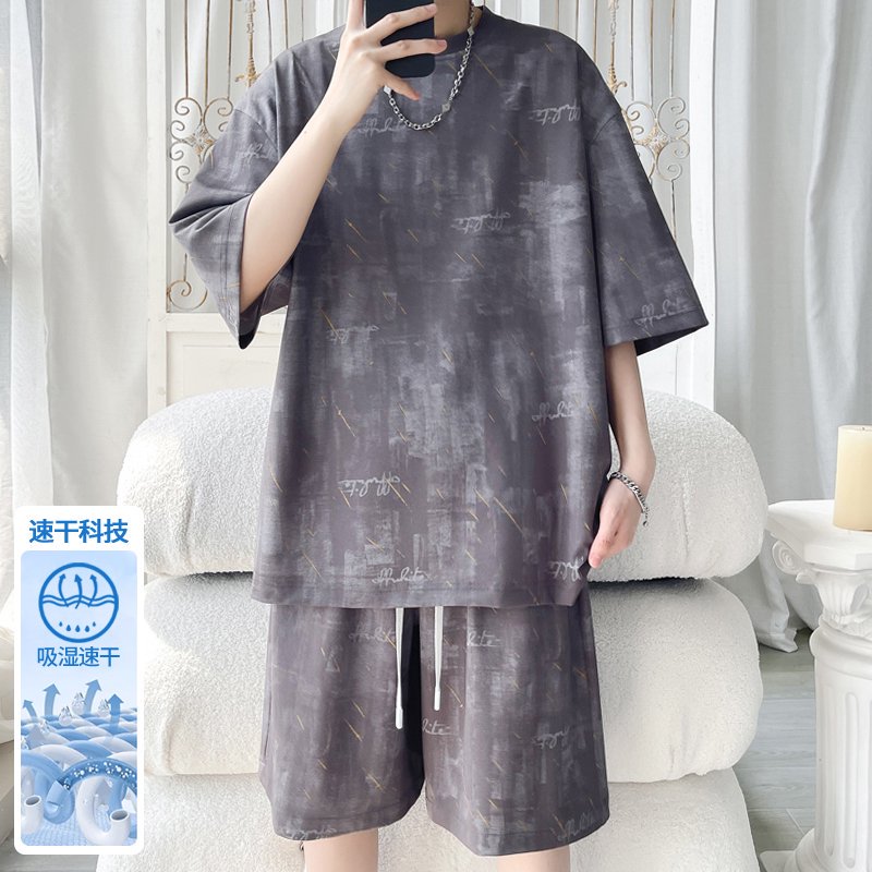 JIANXUN/简询冰丝套装男夏季速干薄款套装扎染潮牌ins休闲套装