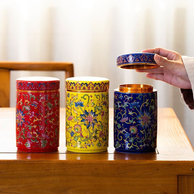 珐琅彩茶叶罐陶瓷密封罐中式高档罐子直筒事事如意圆罐满彩螺纹口