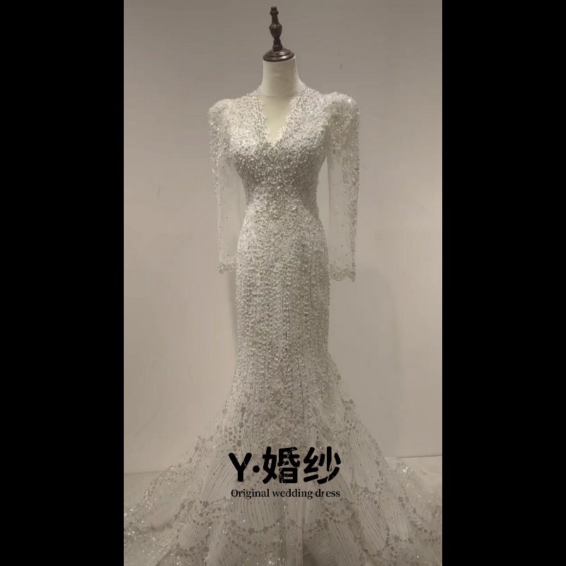 定制款 原创 长袖鱼尾高腰中腰女拖尾裙绑带长袖婚纱晚礼服长款28