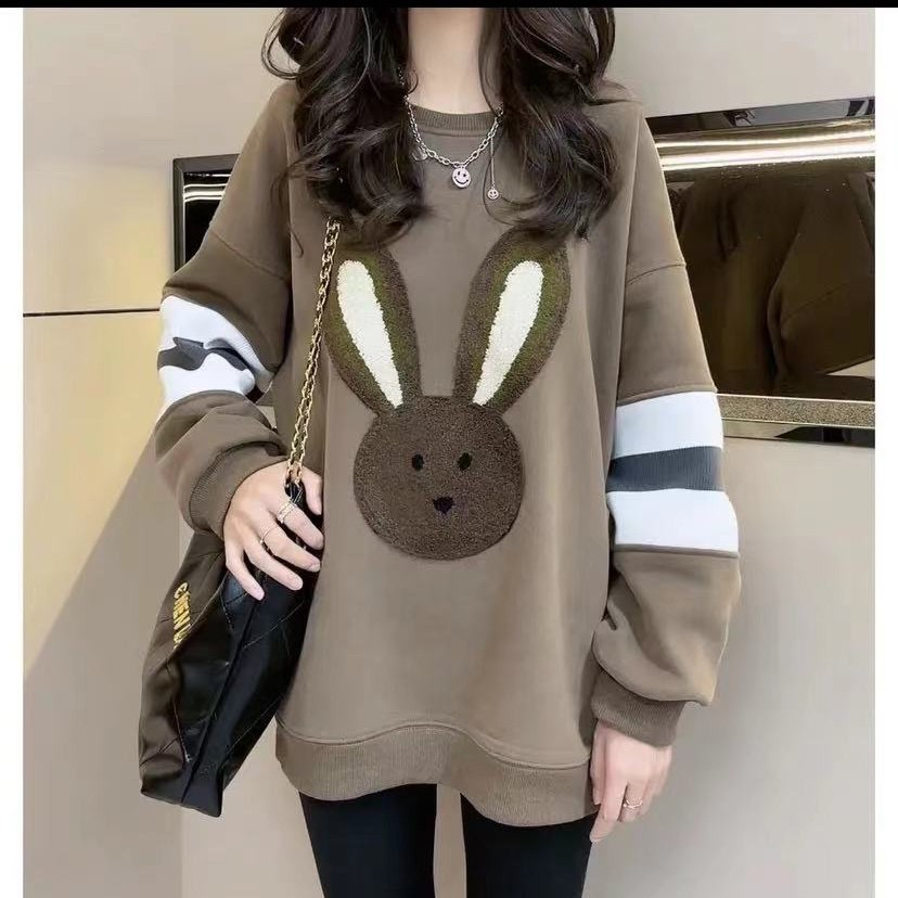 秋冬韩版卡通兔子撞色卫衣女2025冬套头长袖中长款慵懒风卫衣