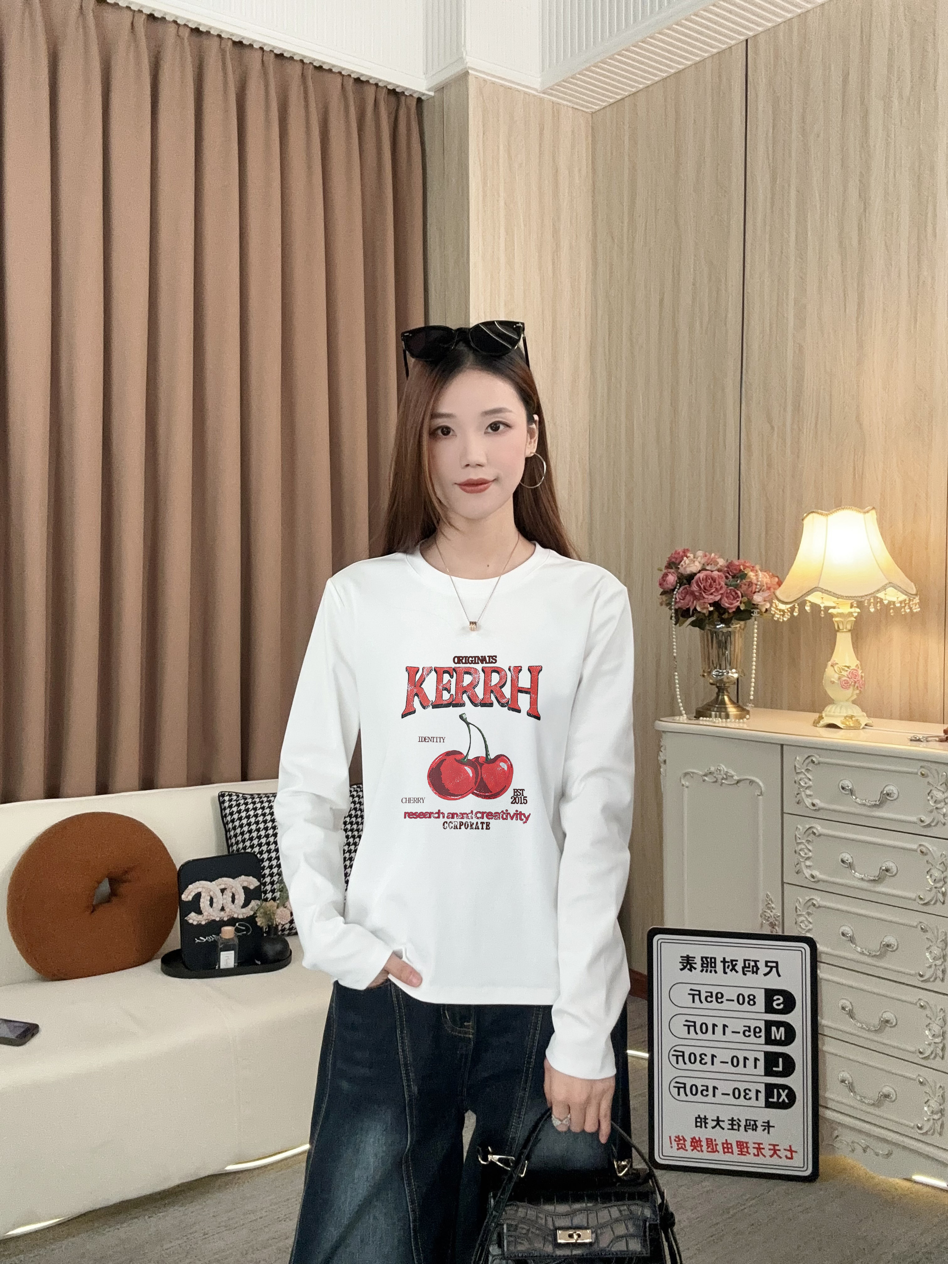 【樱桃之恋】欧美风秋冬新款长袖T恤女修身显瘦圆领百搭打底#668D50