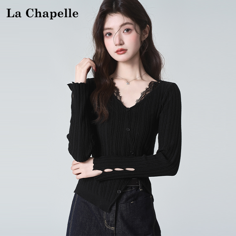 拉夏贝尔不规则蕾丝拼接针织衫女纯欲风黑色设计感打底衫T恤上衣