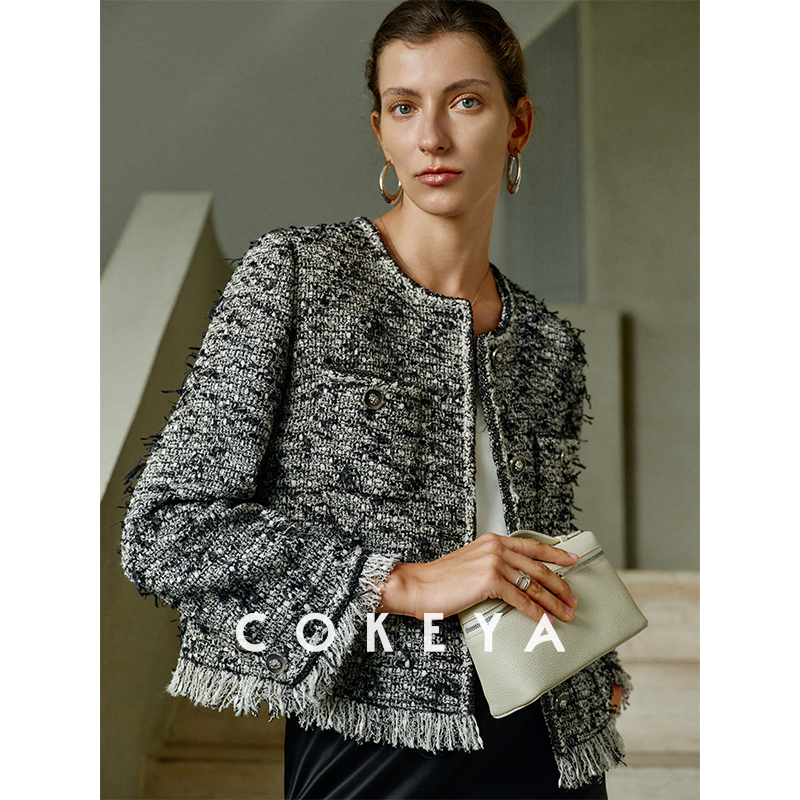 COKEYA/LANERIE GROSBER~意大利琎口羊毛粗花呢流苏小香风外套春