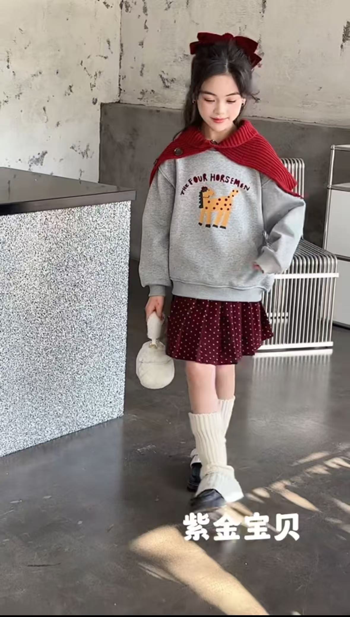 【新疆包邮】加绒波点小马百褶裙三件套T266