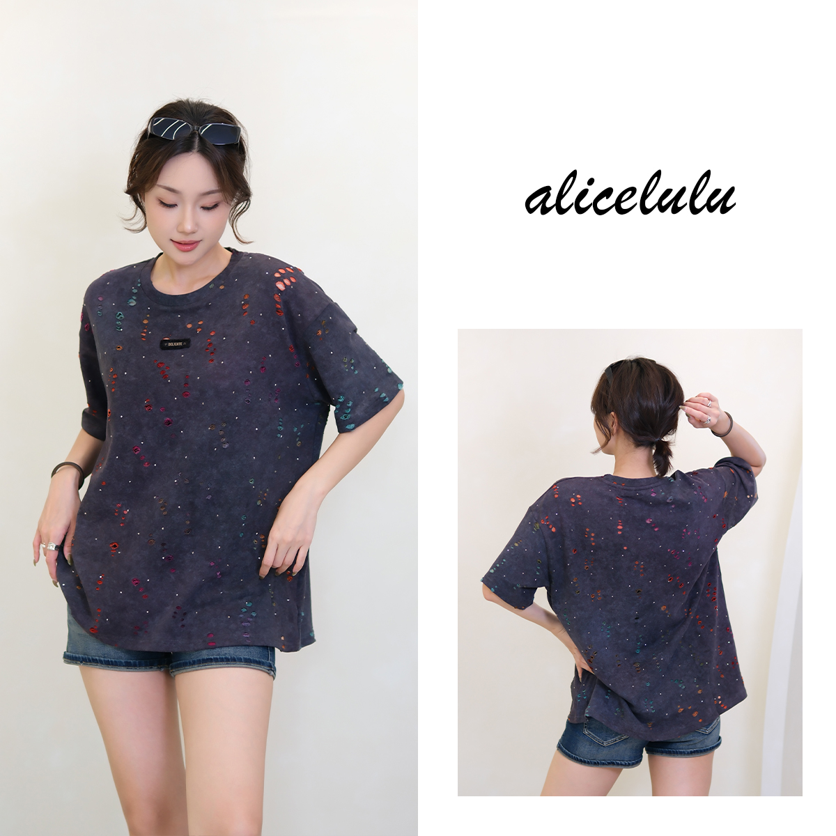 [alicelulu]彩色扎染破洞设计感女潮流T恤晕染S2143148T