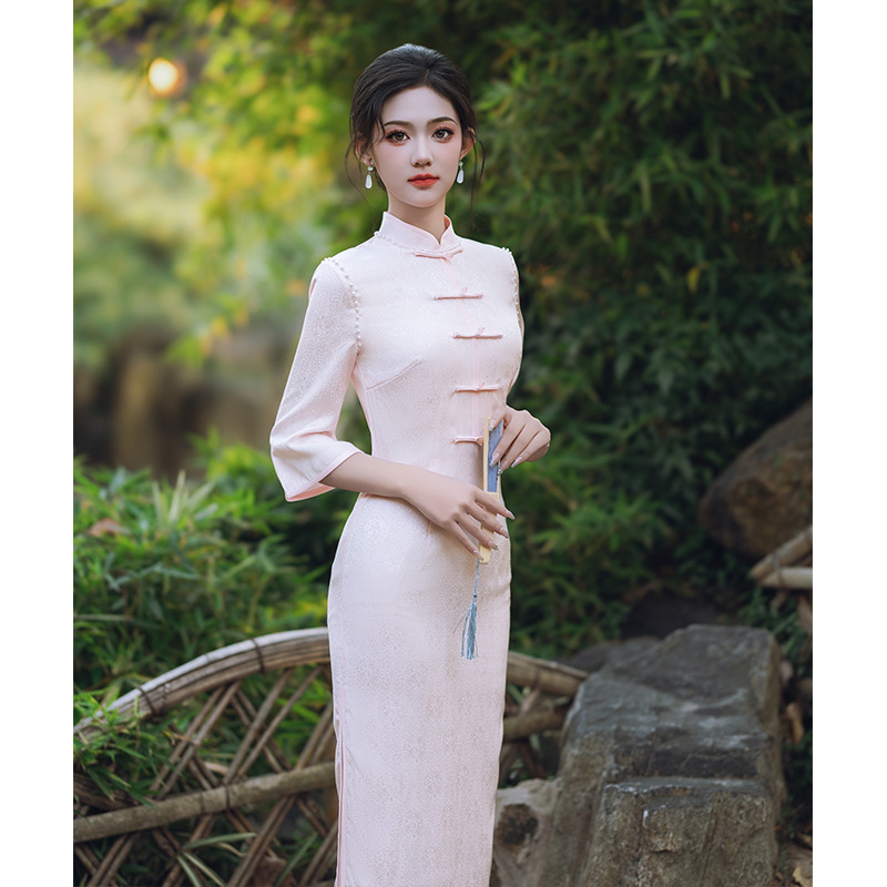 中式复古改良2025春季新款高端气质优雅粉色古法年轻改良旗袍HY