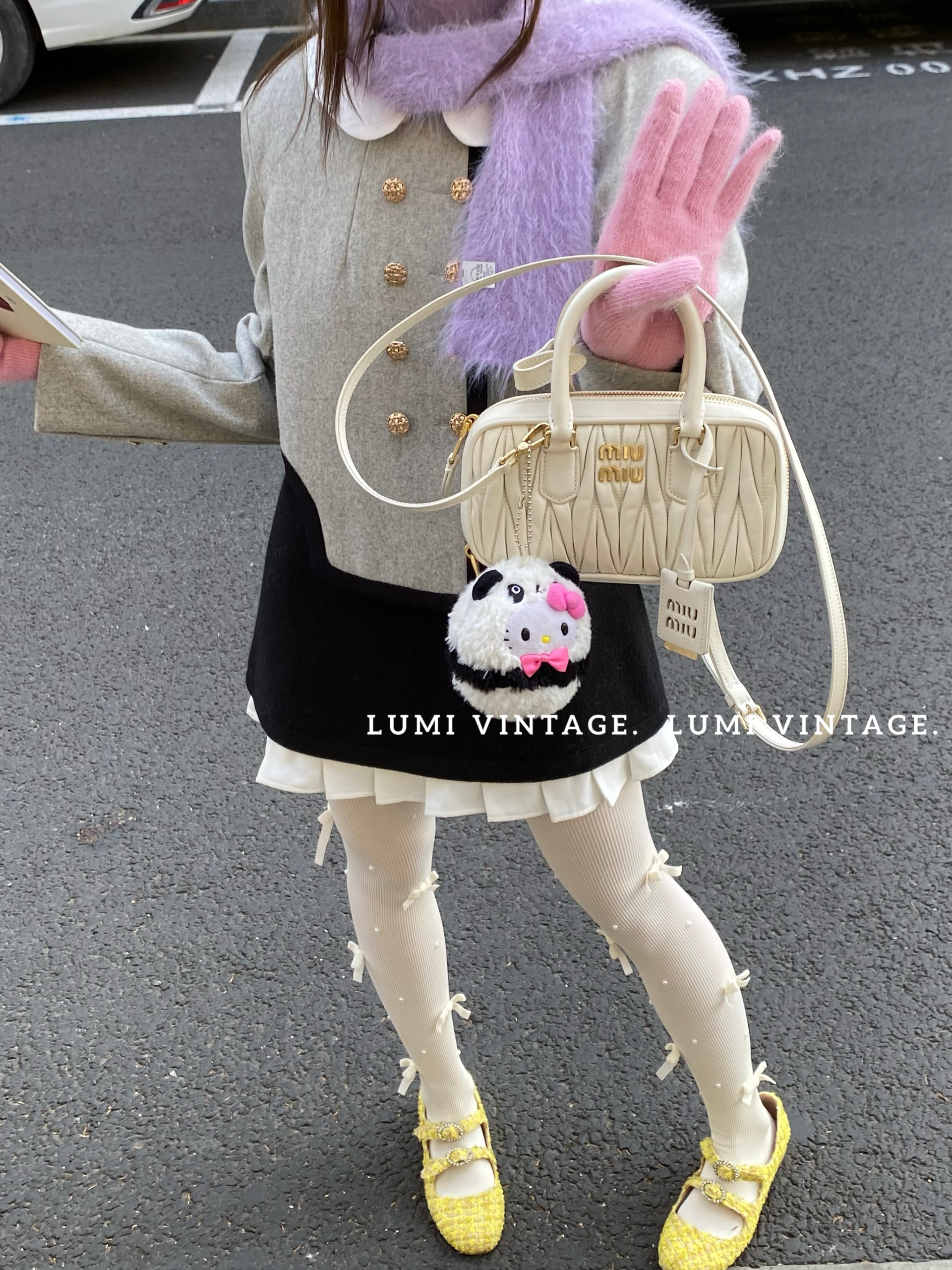 95新 MIU MIU/缪缪 白金褶皱羊皮mini保龄球单肩包43357782