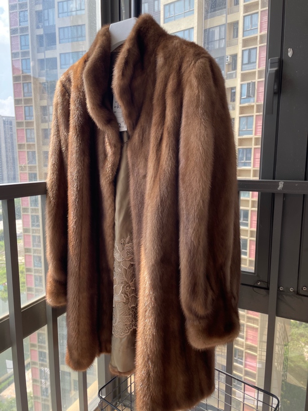 【L1635】棕色中长款XL码（胸围114衣长82）小橙子进口中古皮草外套