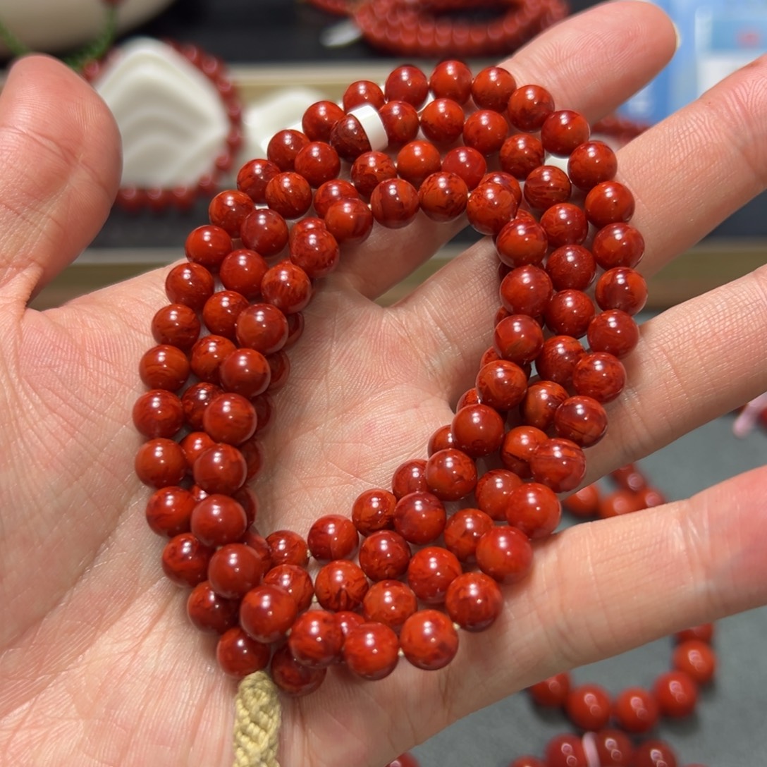 南红玛瑙未镶嵌手串毕业级玫瑰红满妖花火焰108颗约7mm