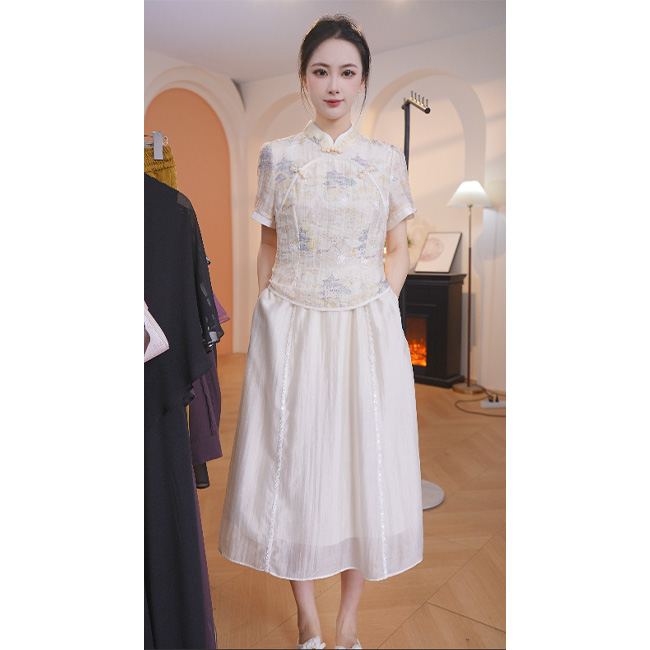 L8721 2025年春夏新款时尚洋气中式收腰修身显瘦中长款连衣裙