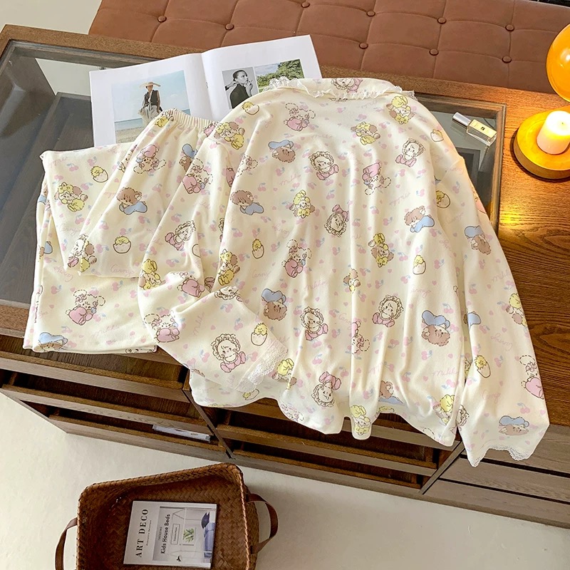 2025新款带胸垫保暖德绒睡衣冬季ins花边翻领加绒家居服套装长袖