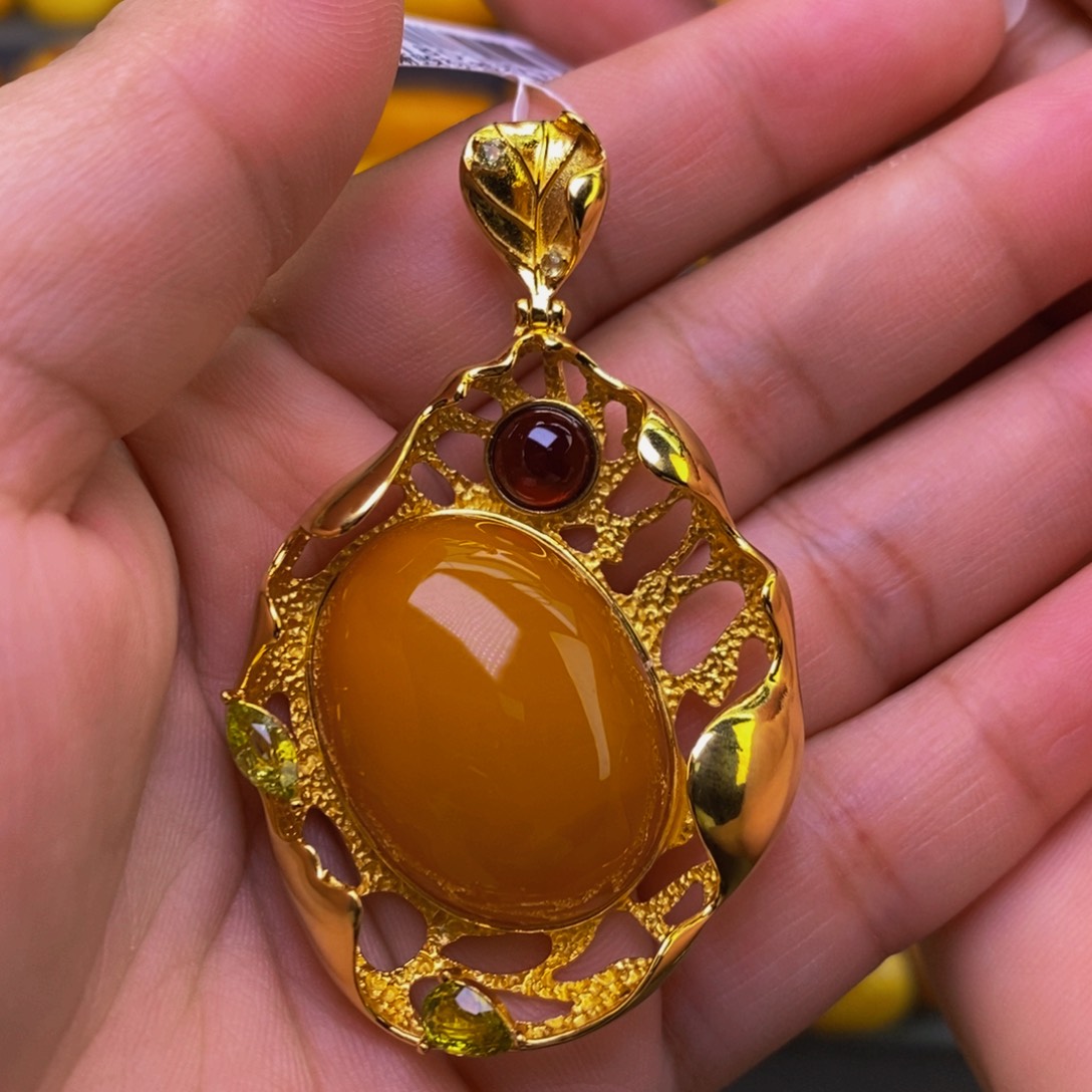 银S925镀金镶嵌蜜蜡珠宝奇石