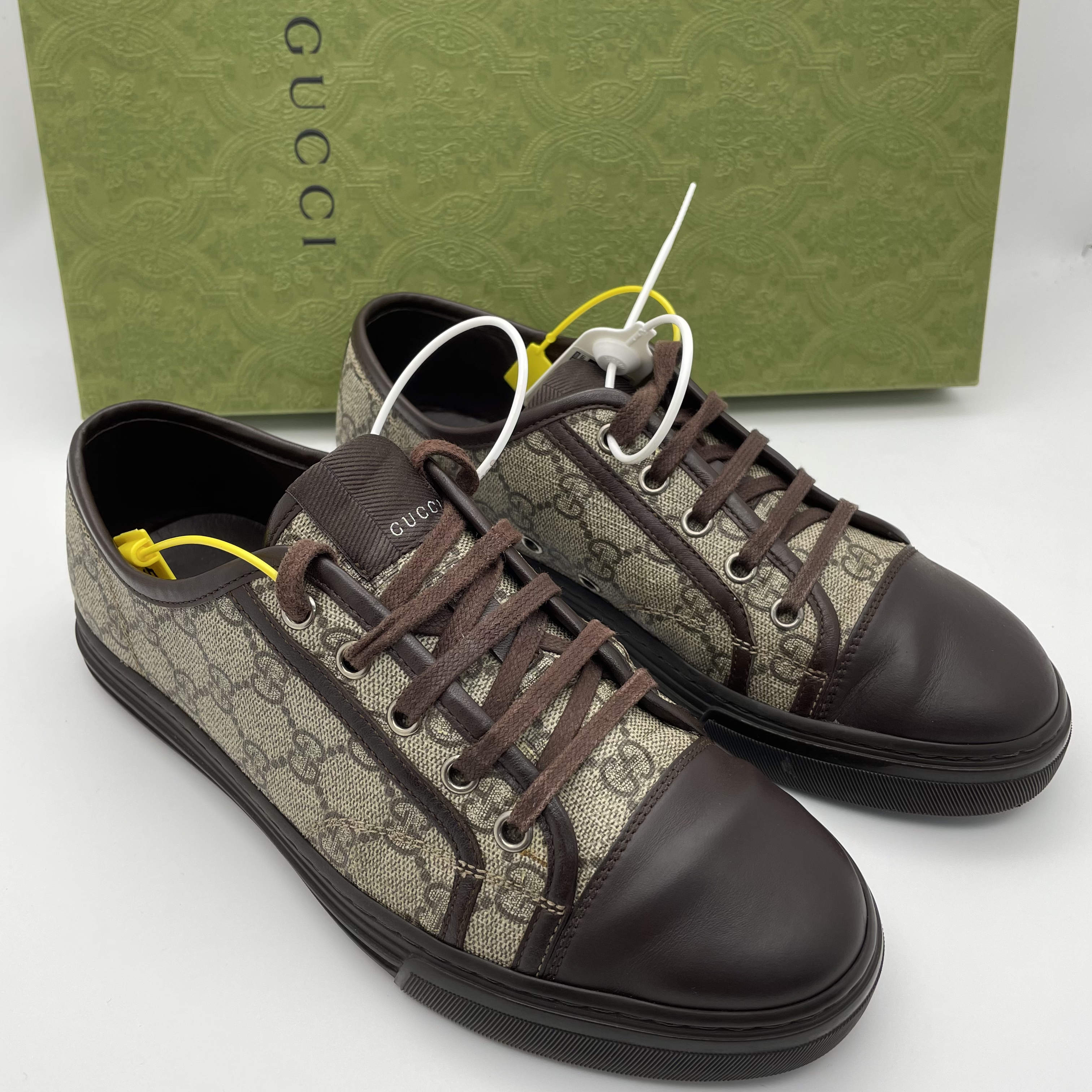 95新 GUCCI/古驰 40/42.5欧码 男款棕色老花拼接休闲时尚板鞋