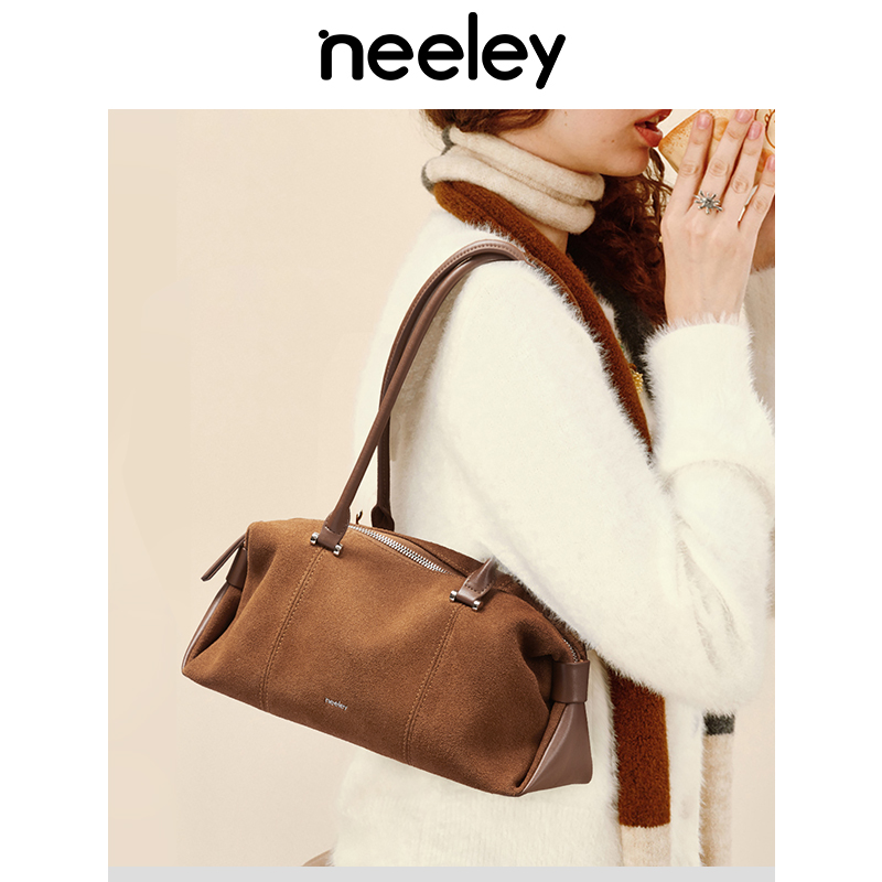 neeley牛皮绒法棍包波士顿包麂皮腋下包大容量秋冬新款女包单肩包