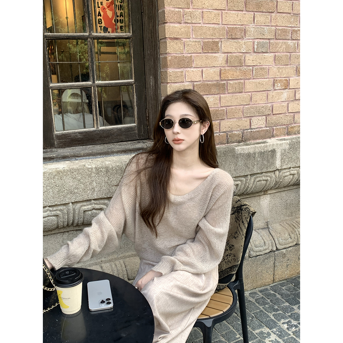 安酒月 韩系休闲针织镂空荡领毛衫上衣宽松显瘦松弛感百搭针织衫