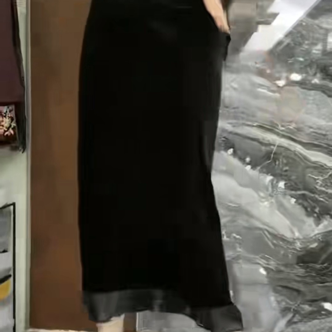 早秋款复古显瘦开叉中长款直筒桑蚕丝绒半身裙