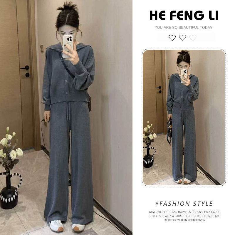 显瘦气质慵懒风针织套装休闲设计师两件套女时尚连帽休闲百搭套装