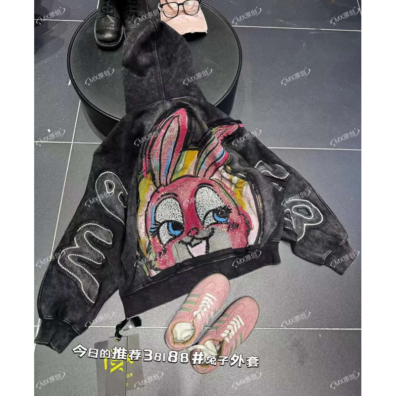 MX潮牌重工刺绣字母卡通兔子连帽外套女2025秋季新款宽松百搭外套