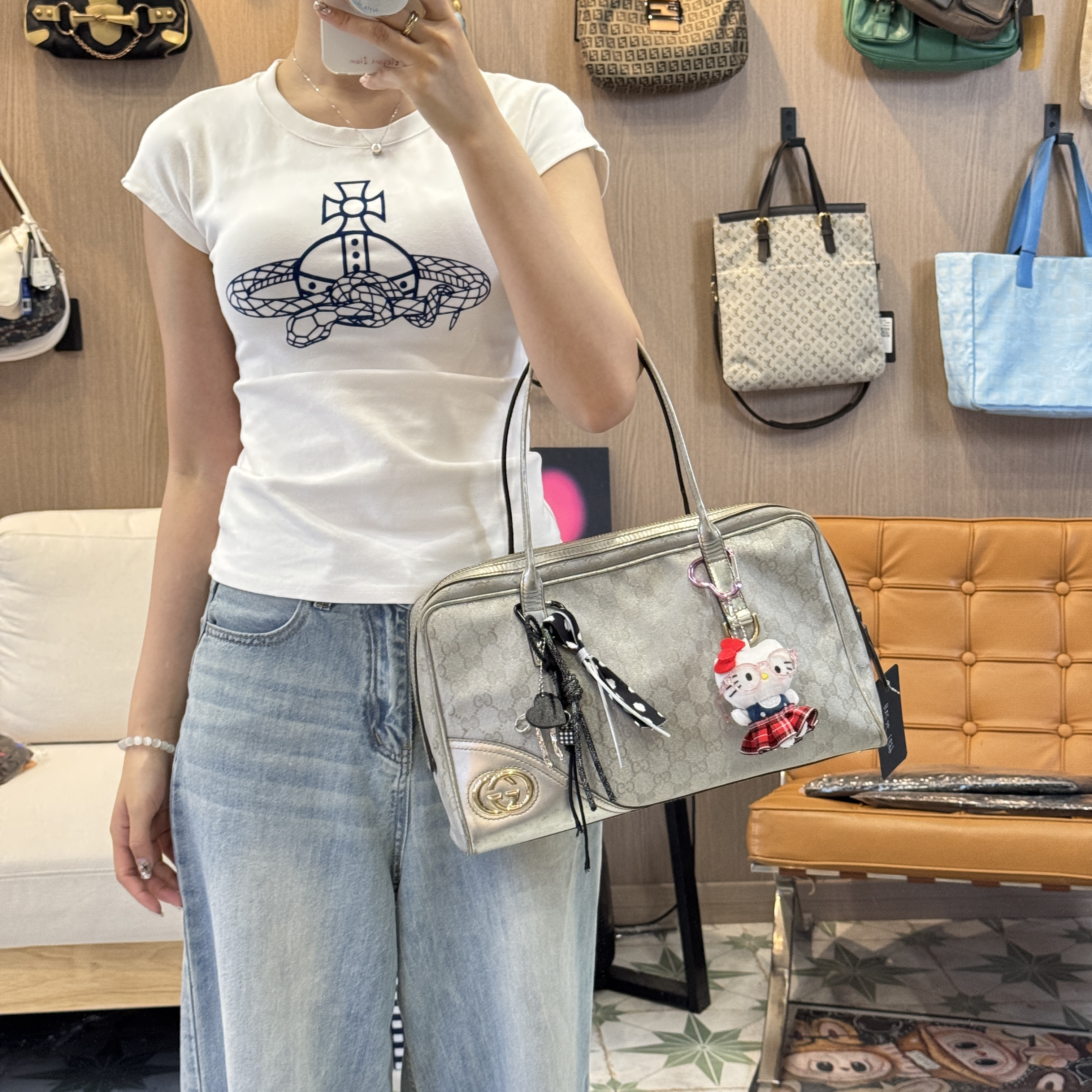 95新 GUCCI/古驰 BXC26香槟色老花单肩