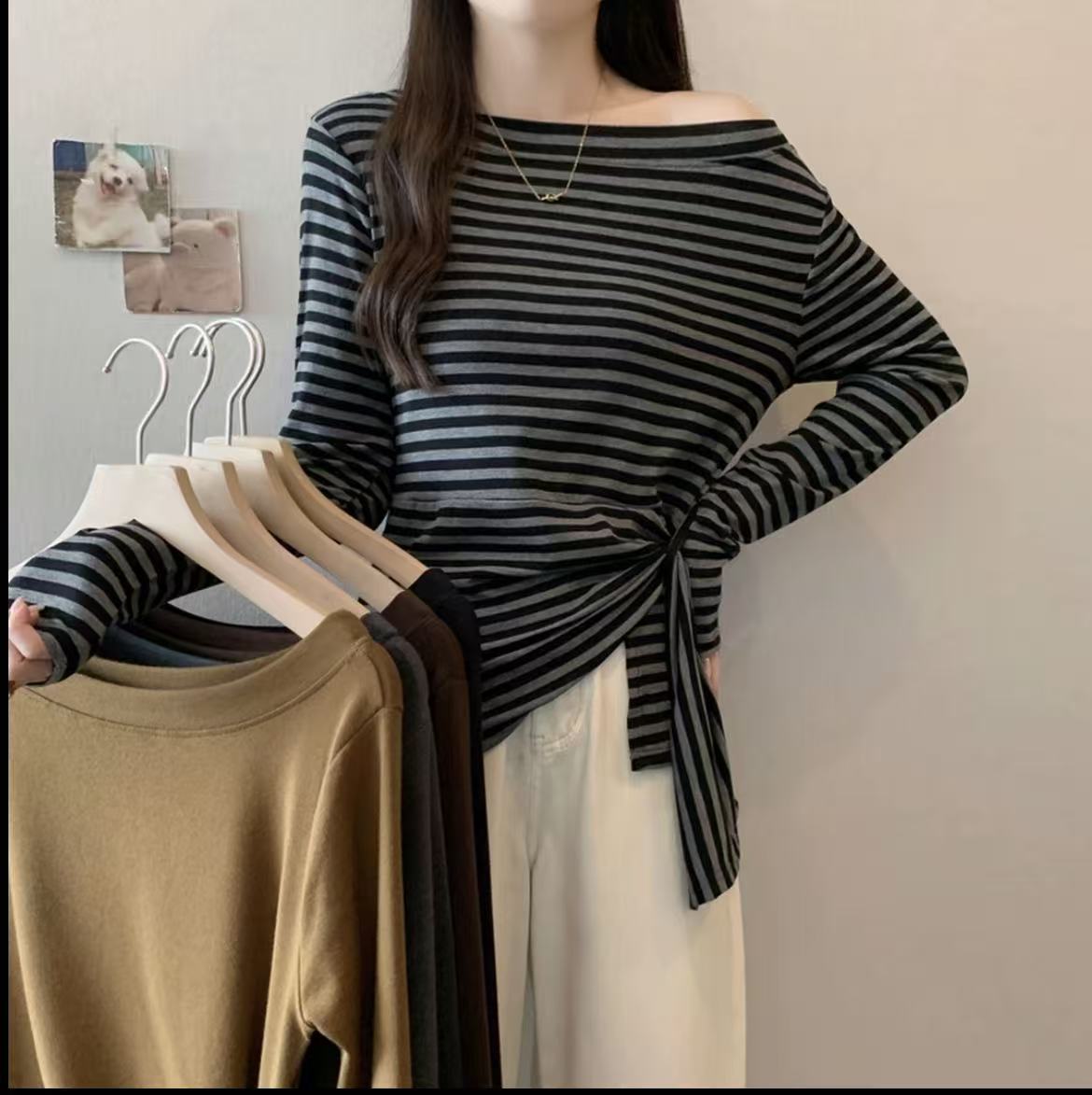 韩系斜肩打底T恤长袖上衣2025秋季新款洋气绑带老钱风百搭ins小众