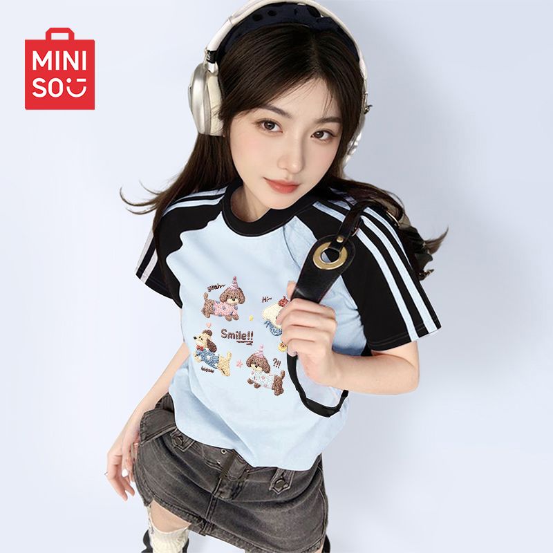 MINISO名创优品浅蓝色宽松纯棉短袖t恤女夏季撞色插肩设计感上衣