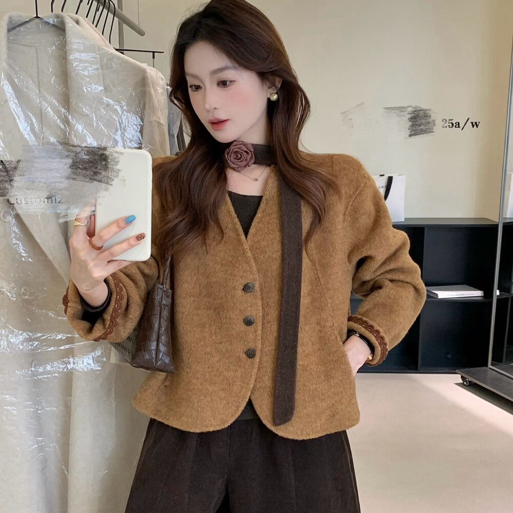 双面羊绒大衣玫瑰花飘带设计感女款宽松显瘦外套