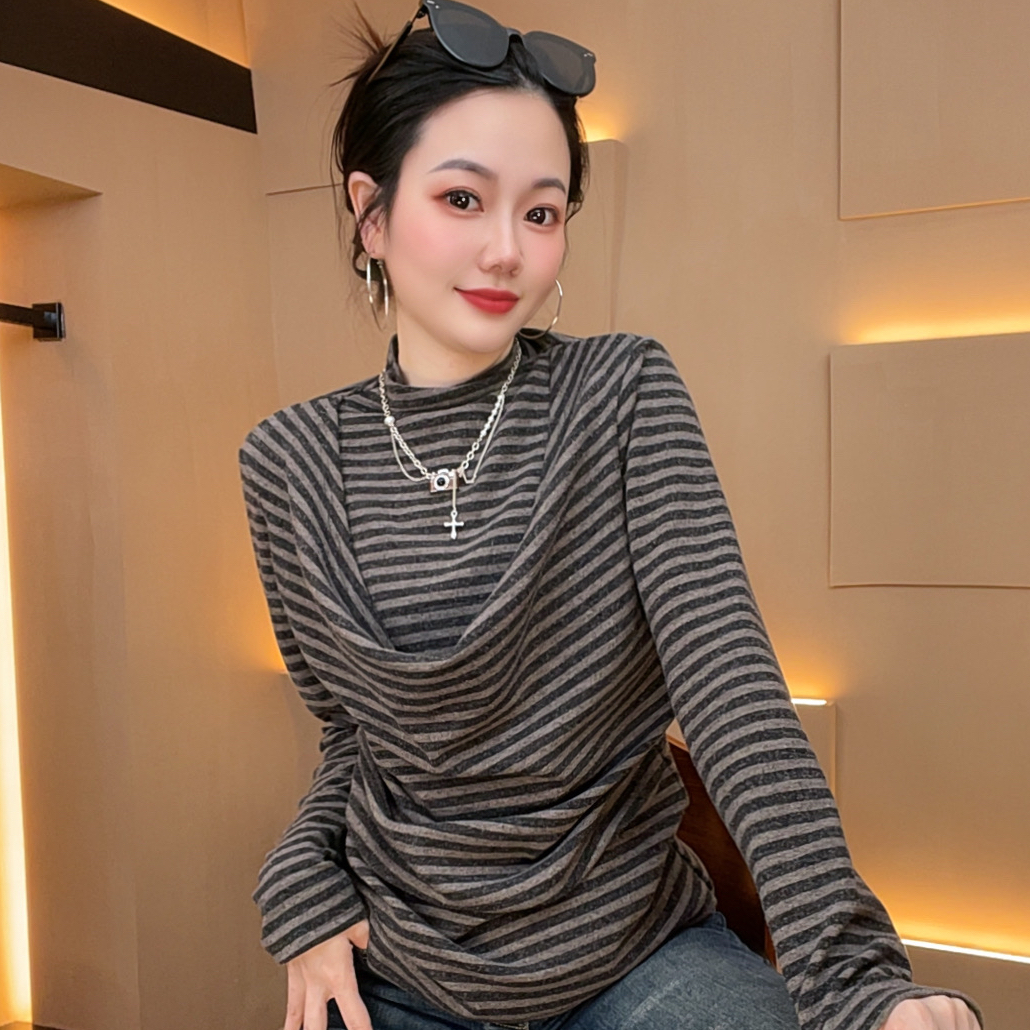 设计感不规则拼接假2件秋冬季新款长袖百搭T恤女显瘦百搭色织条纹