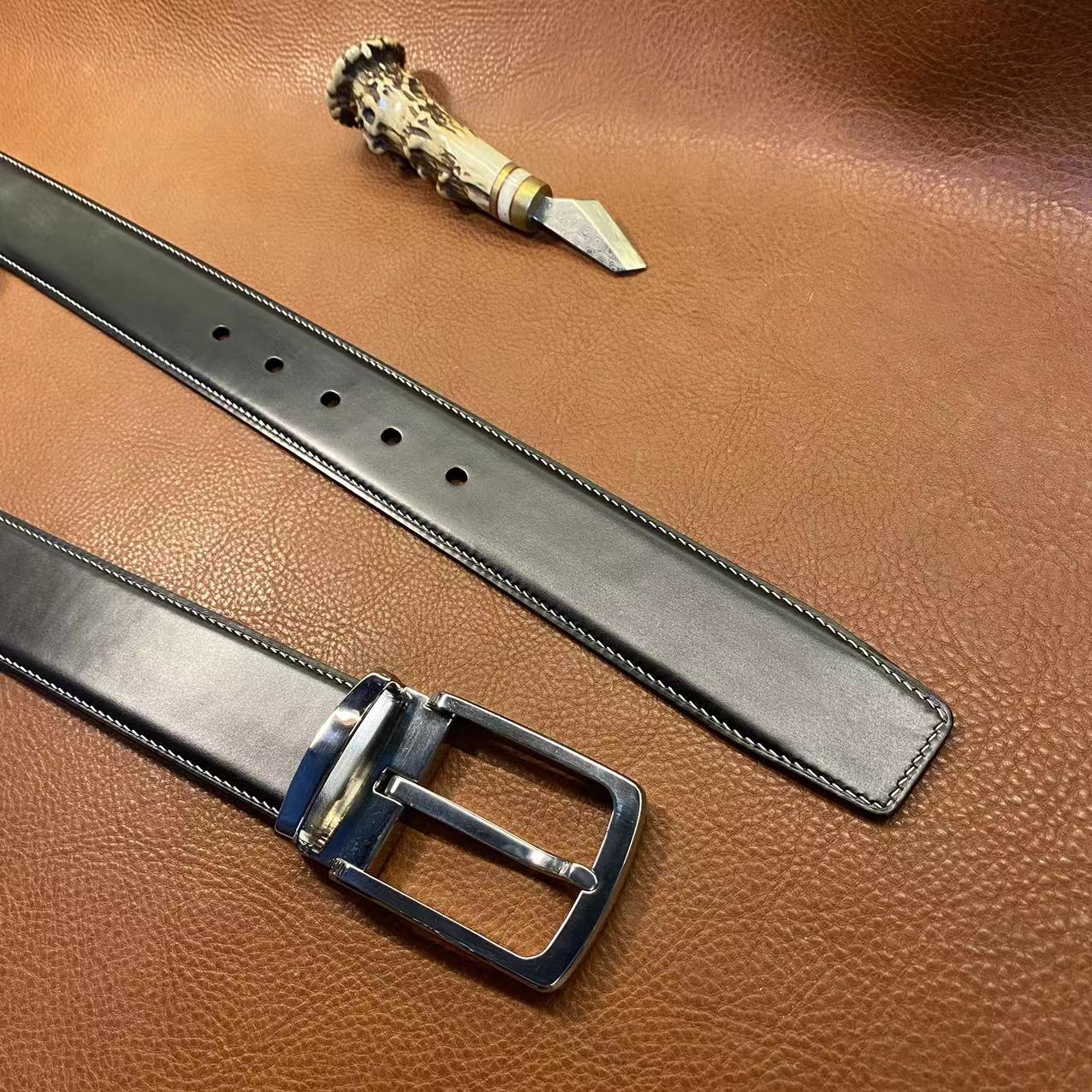 手工钛合金针扣+男士经典马缰商务休闲时尚双面头层牛皮真皮腰带