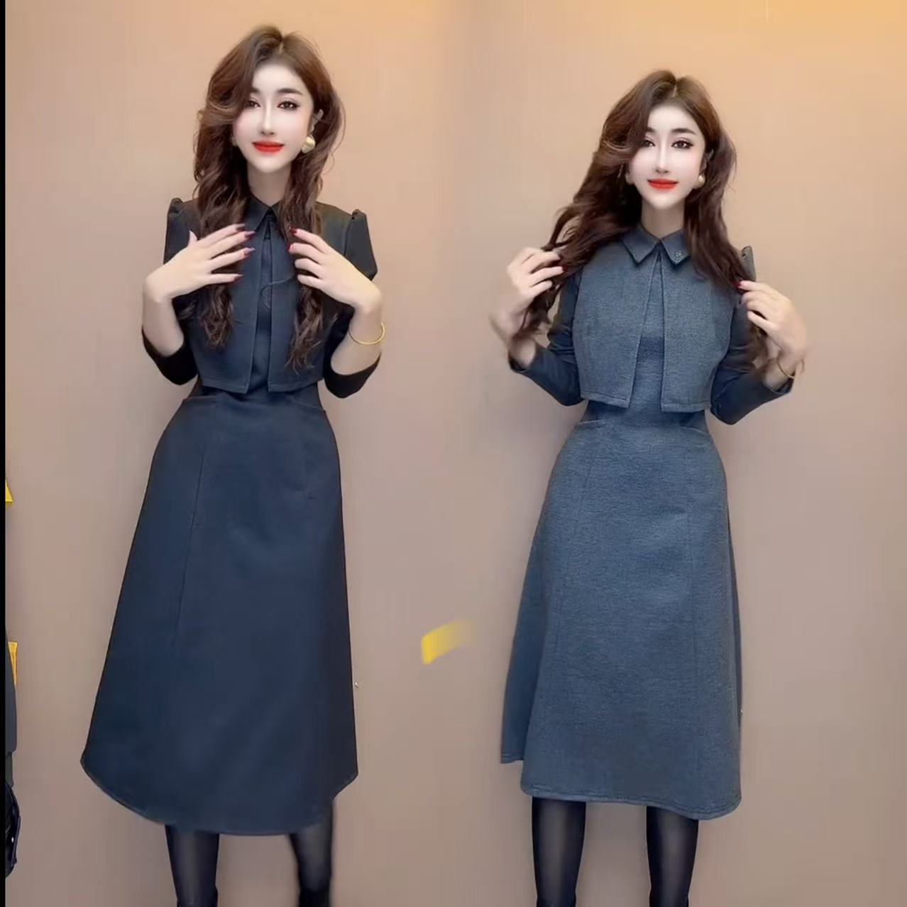 翻领假两件连衣裙女2025冬季新款遮肉显瘦韩版洋气欧货女裙长裙子