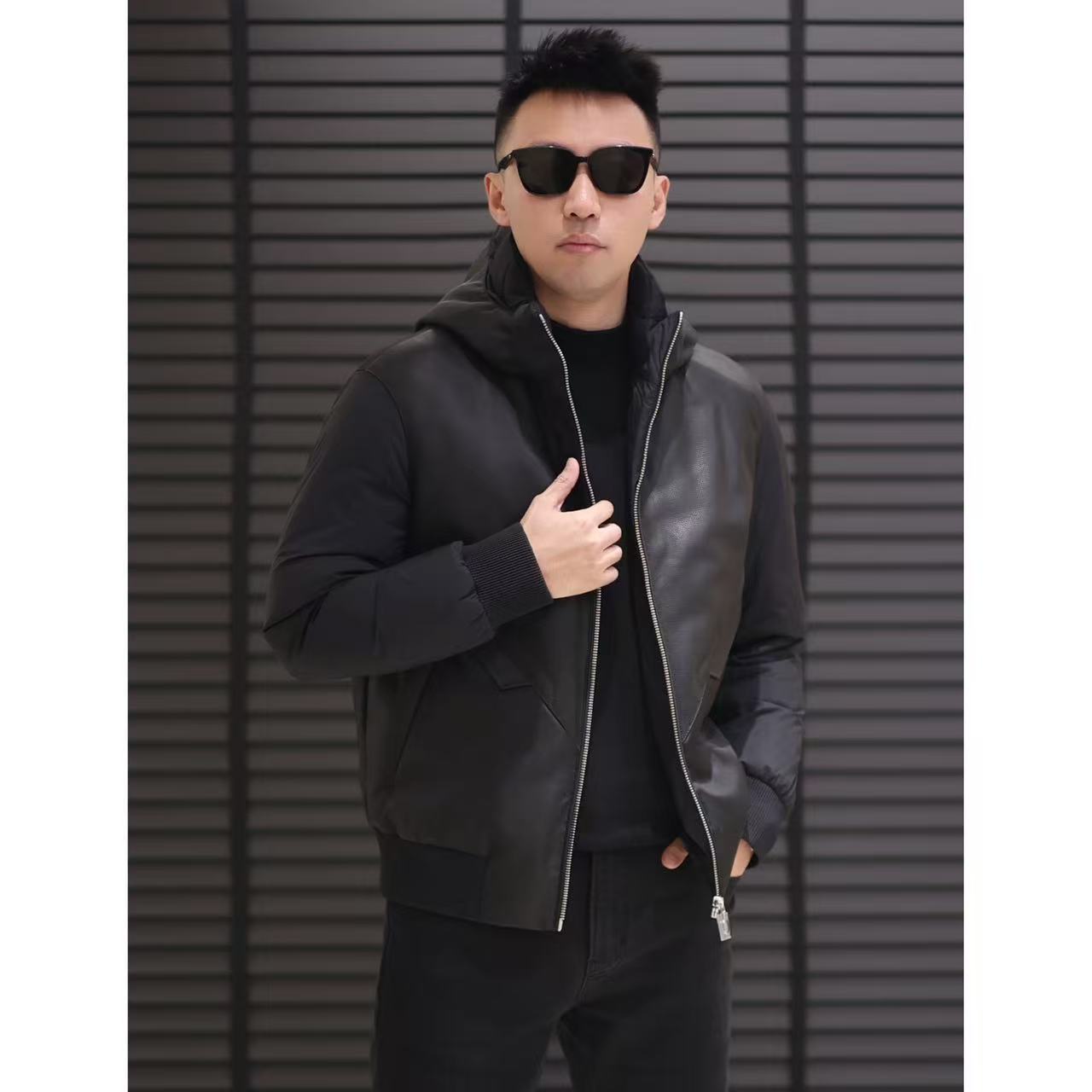 【90白鹅绒/绵羊皮/牛皮】 冬季新款连帽配皮休闲鹅绒羽绒服-7801