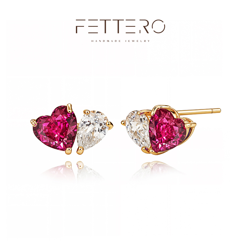 fettero 铜合金耳饰 【金色桃心对称耳钉】气质百搭简约镶钻