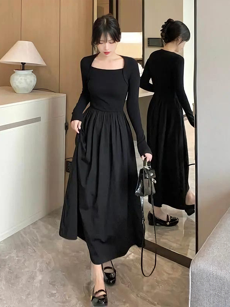 赫本风小个子法式气质方领长袖连衣裙女秋冬新款高腰气质连衣裙