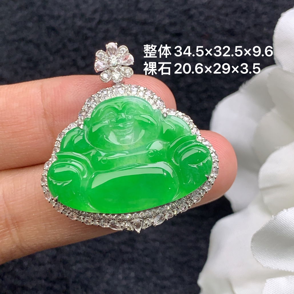 18k金镶嵌天然缅甸翡翠阳绿佛公吊坠34.5×32.5×9.6/20.6×29×3.5