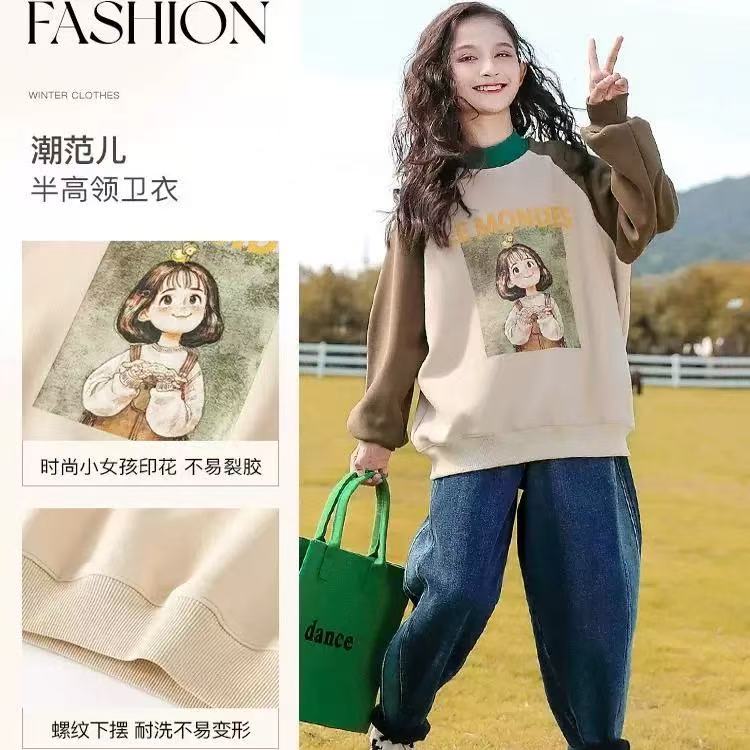 503227《咖》韩版儿童春款时尚百搭连帽洋气1小女孩印花卫衣