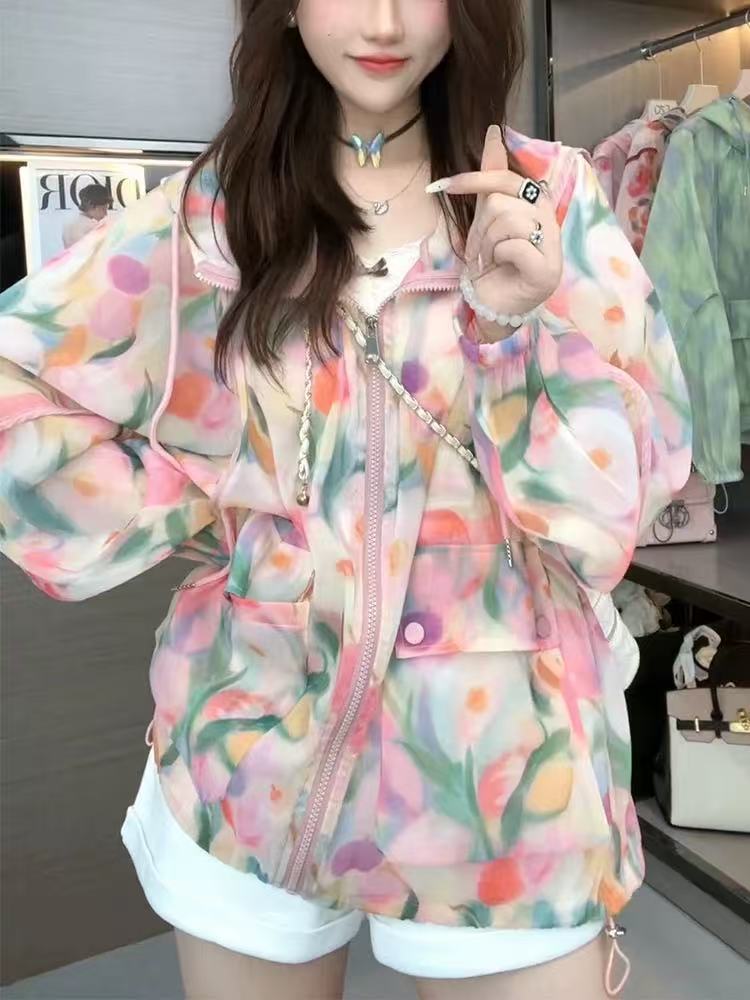 （翠花宠粉）薄款秋季女夏季防晒连帽短外套常规袖休闲风透气