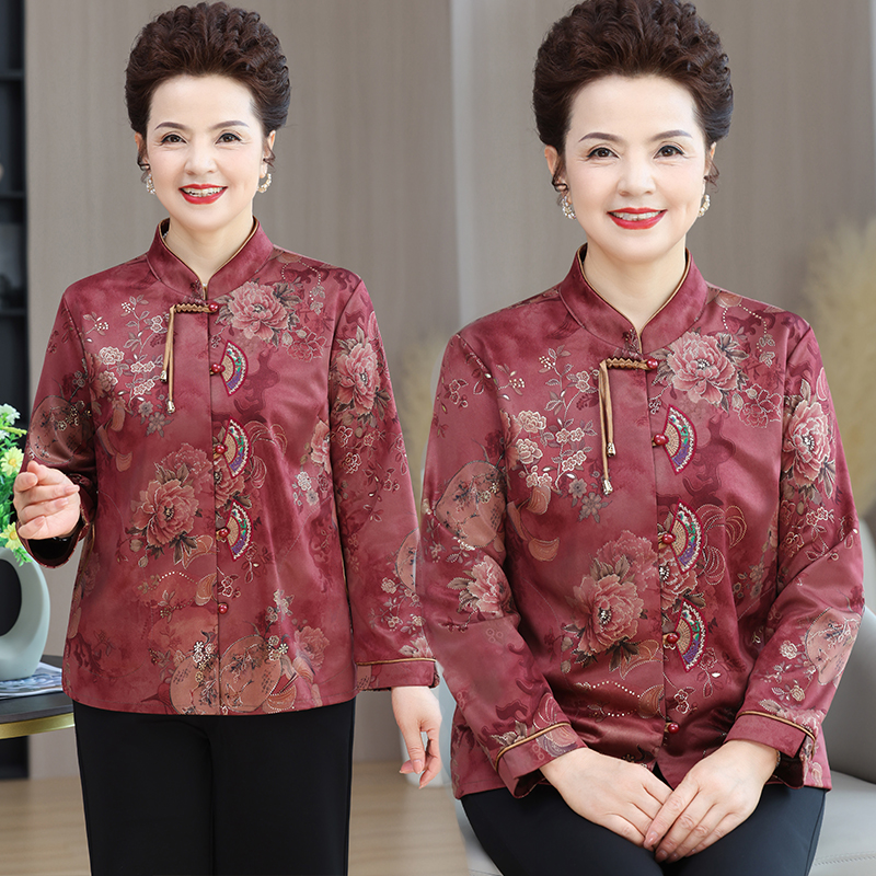 奶奶装春秋装衬衫上衣60-70岁中老年女老人衣服长袖薄款国风衬衣