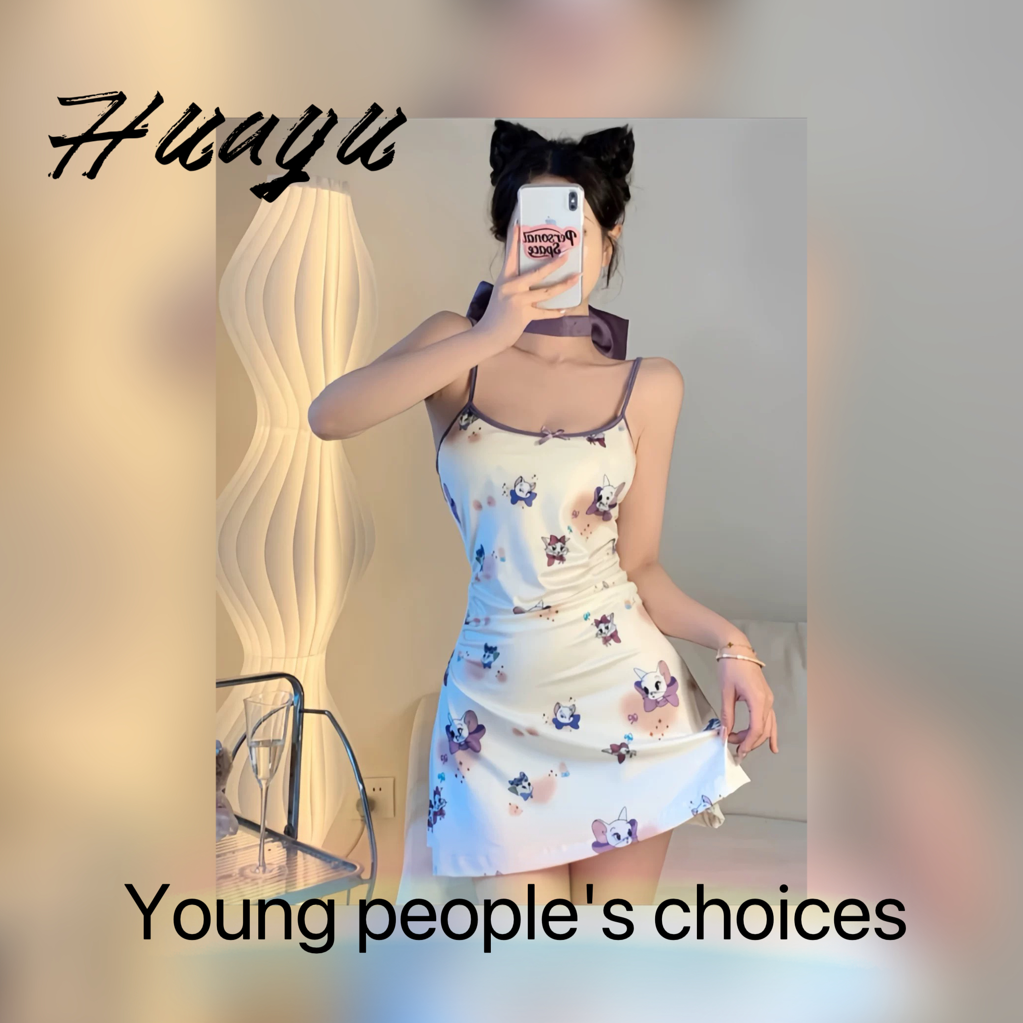 梦中情猫【80-150斤】新款印花甜美收腰性感包臀吊带裙