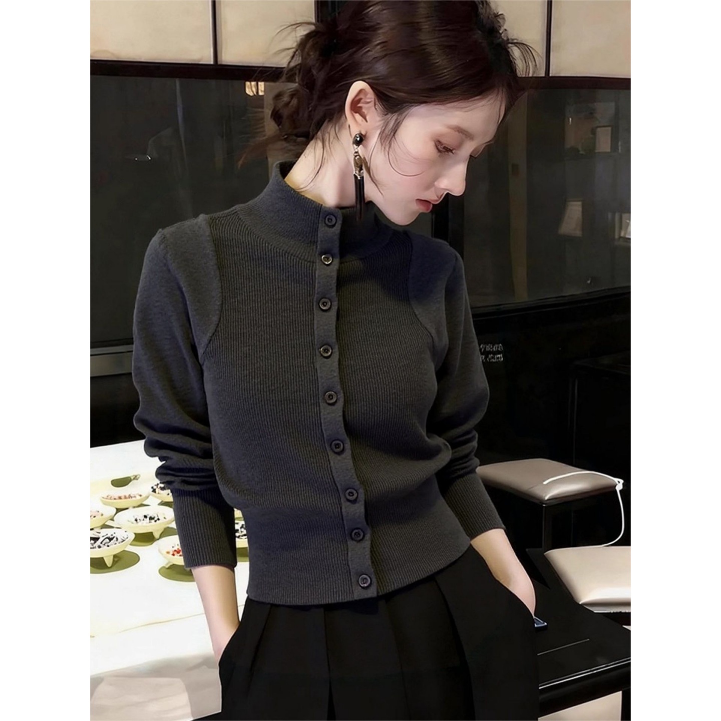 修身内搭高领针织开衫女秋冬巨好看灰色毛衣外套收腰长袖上衣打底