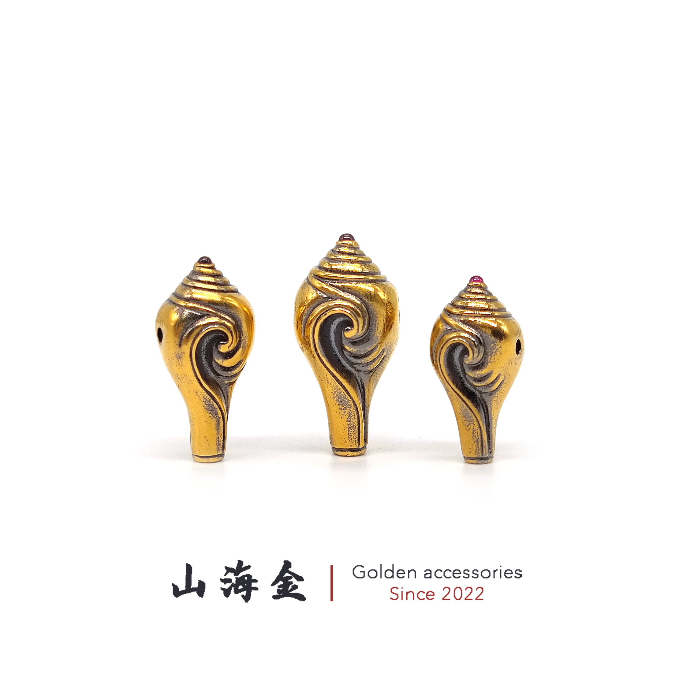 山海金 24K纯黄金999足金法螺海螺三通佛头文玩手串菩提佛珠配饰