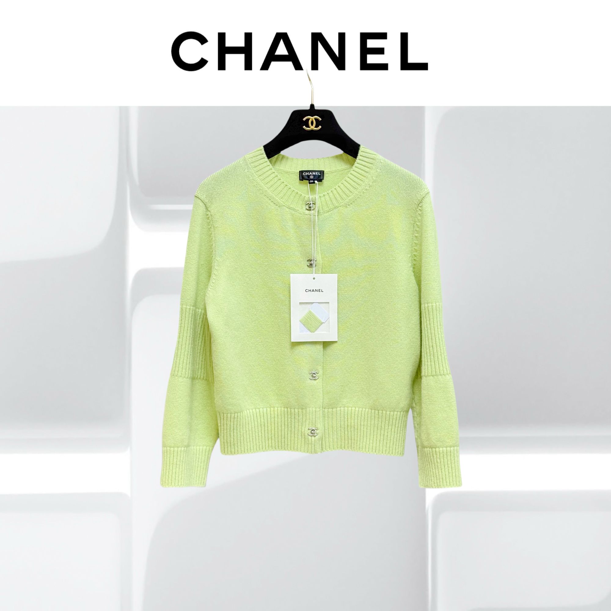 99新 Chanel/香奈儿 36码24B爆款绿色书包扣羊绒开衫