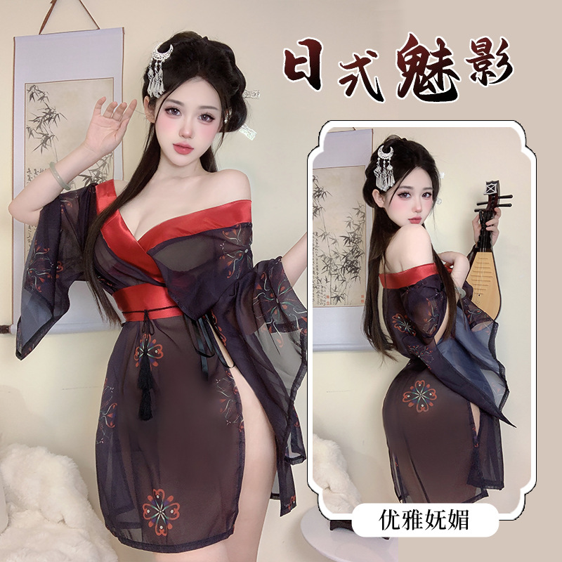 性感日系和服制服纯欲睡衣印花睡衣黑色角色套装2131