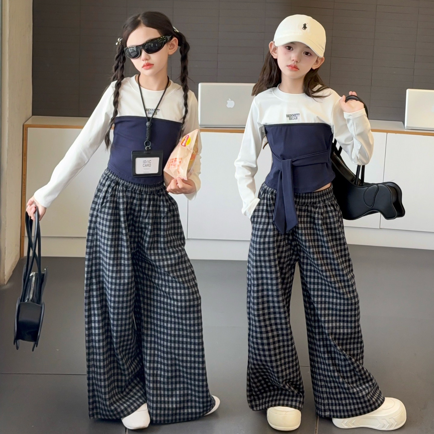 女童超酷炸街套装秋季2025新款女大童韩系穿搭儿童秋装格子阔腿裤
