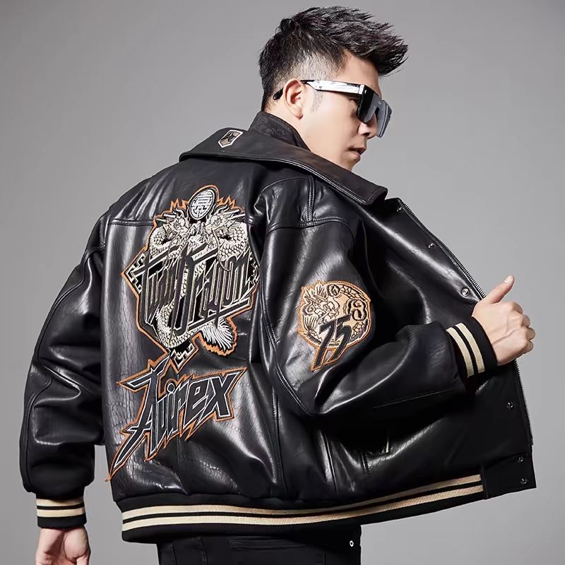 国潮刺绣羊皮翻领 机车修身国潮刺绣头层羊皮夹克男士春秋外套