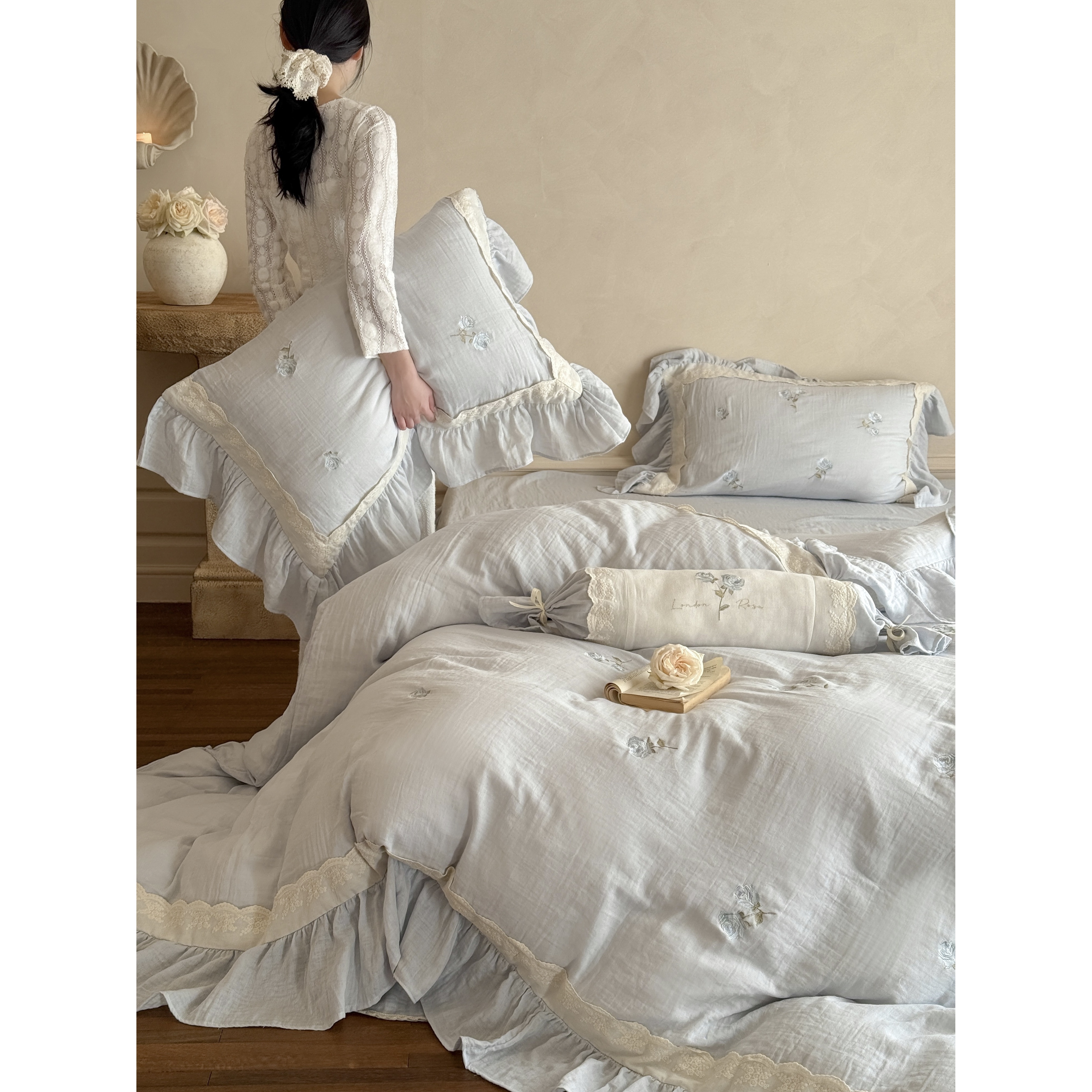 【晴儿专属价】母婴款A类全棉双层纱玫瑰刺绣四件套YJJ南法玫瑰