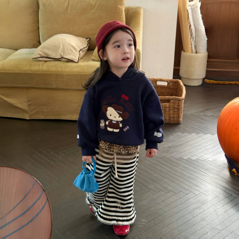 女童加绒套装2025秋冬新款儿童韩版KT猫可爱加厚卫衣条纹喇叭长裤